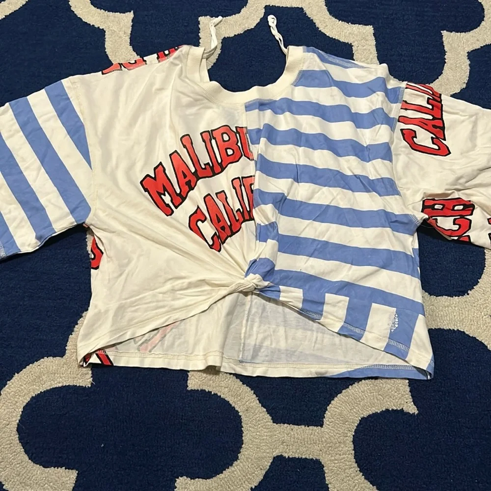 Free People Striped Malibu Graphic Short Sleeve Tee in Blue, White, Red - Picture 4 of 7